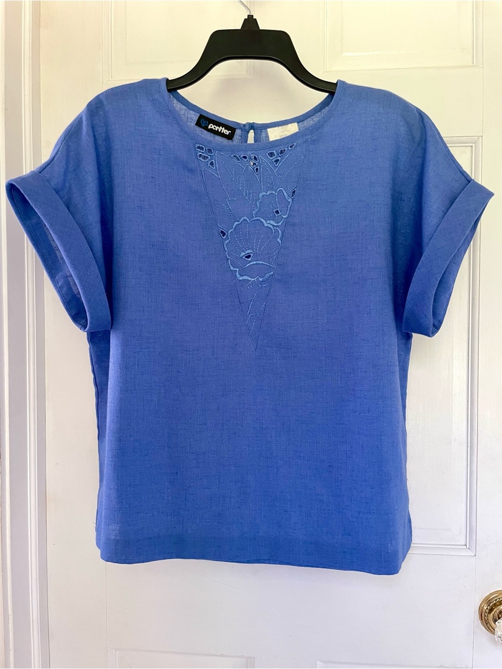 Panther Blue Embroidered Short Sleeve Linen Top
